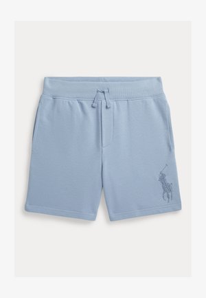 Jasnoniebieskie bawełniane szorty z przednimi kieszeniami, elastycznym pasem ze sznurkiem do regulacji oraz małym haftowanym graczem polo na dolnej lewej nogawce.