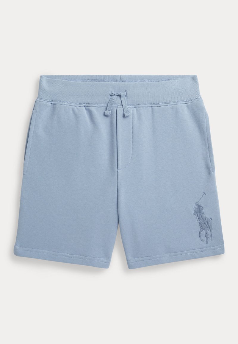 Shorts en coton bleu clair avec poches avant, une ceinture élastique avec cordon de serrage, et un petit joueur de polo brodé sur la jambe inférieure gauche.