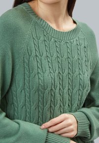 Maglione verde a maglia consumata con maniche raglan, motivo testurizzato e collo e polsini a coste, realizzato in un morbido tessuto.