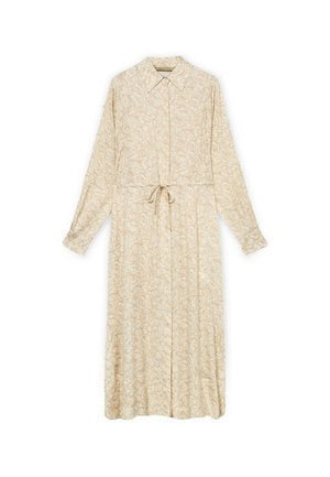 Beige midi-jurk met lange mouwen, subtiel bloemmotief, kraag, knopen aan de voorkant en taille met trekkoord.