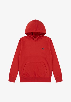 Felpa rossa in cotone con tasca frontale a marsupio, polsini a coste e cappuccio con cordino. Presenta un piccolo logo nero sul petto.