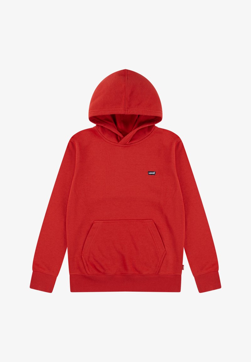 Felpa rossa in cotone con tasca frontale a marsupio, polsini a coste e cappuccio con cordino. Presenta un piccolo logo nero sul petto.