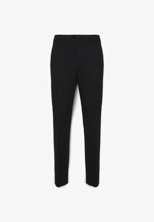 Black tailored trousers made of a smooth fabric. Features a front button closure, straight leg design, and subtle side pockets.