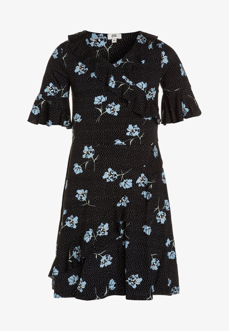 Robe noire à petits pois blancs, imprimé floral bleu, col en V à volants et manches courtes évasées.