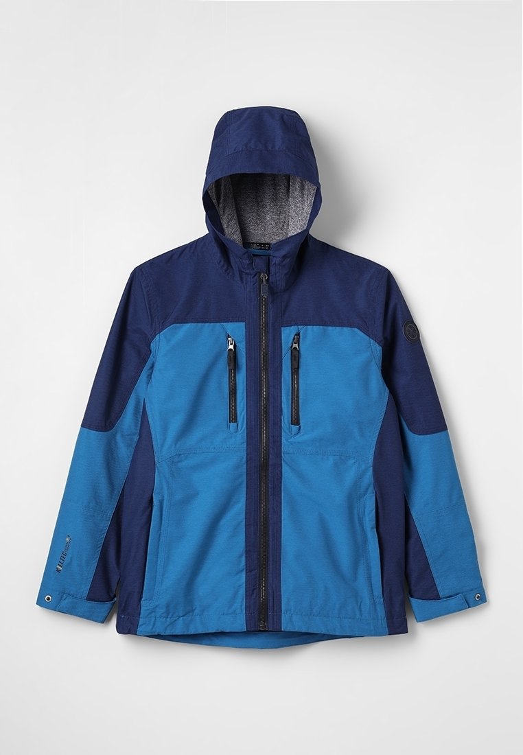 Chaqueta con capucha en azul y marino que presenta dos bolsillos en el pecho con cremallera, una textura suave, paneles en contraste y una capucha ajustable.