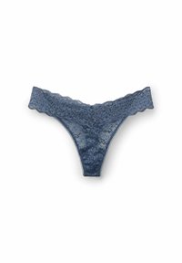 Spitzen-Tanga in Dunkelblau mit floralem Muster, gewellten Kanten und einem bequemen Taillenbund. Aus leichtem, durchsichtigem Stoff gefertigt.