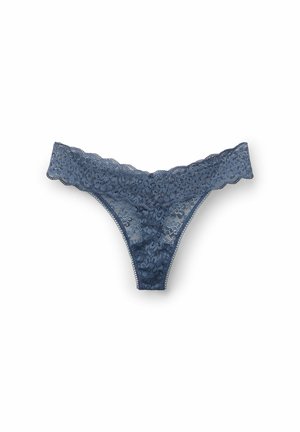 Lace thong in deep blue with floral pattern, scalloped edges, and a comfortable waistband. Features lightweight, sheer fabric.