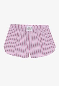 Shorts rayés roses et blancs avec une taille élastique. Présente une étiquette sur la taille avec des inscriptions et un accent étoile.
