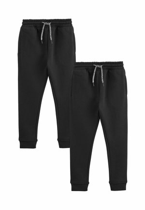 Zwarte sweatpants van zachte stof, met een elastische tailleband met een trekkoord, zijzakken en taps toelopende boorden bij de enkels.