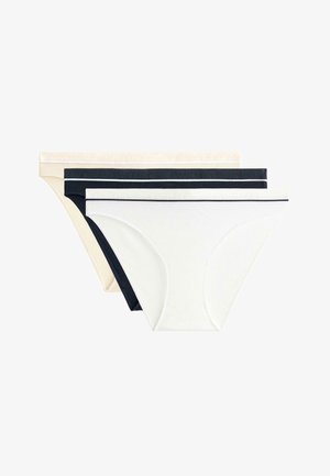 Tre paia di slip da donna in crema, bianco e blu navy. Presentano una texture liscia e una fascia in vita a contrasto. Design classico a vita bassa.