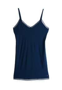 Camisola blu navy con sottili spalline regolabili, scollatura a V e rifiniture in pizzo lungo i bordi. Realizzata in morbido tessuto di cotone.