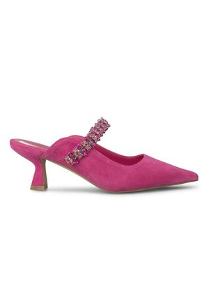 Pink suede mule with pointed toe and a glossy strap adorned with jewels. Features a low, angular heel for added stability.