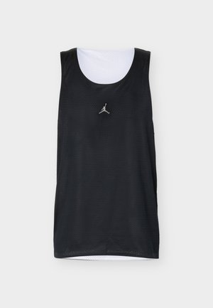 Canotta da sport nera senza maniche con interno in rete bianca e piccolo logo Jumpman bianco centrato vicino allo scollo.