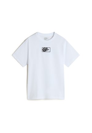 Witte t-shirt met korte mouwen van katoen, met een zwart geborduurd Vans-logo in een rechthoekig ontwerp op de borst.