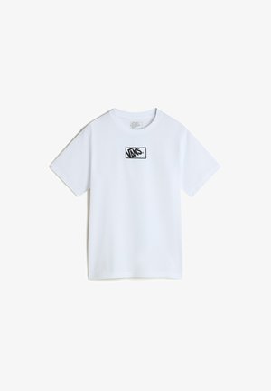 Weißes T-Shirt mit kurzen Ärmeln aus Baumwolle, mit einem schwarzen gestickten Vans-Logo in rechteckigem Design auf der Brust.