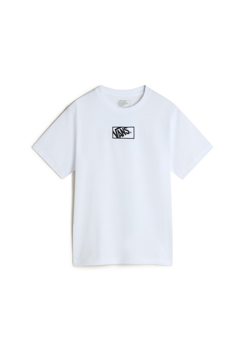 Vit kortärmad t-shirt i bomull, med en svart broderad Vans-logotyp i ett rektangulärt mönster på bröstområdet.