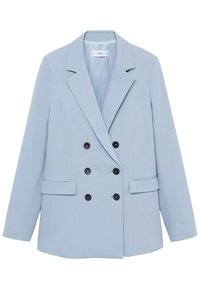 Veste bleu clair croisée à six boutons noirs, col à revers cranté, manches longues et deux poches avant avec rabats.