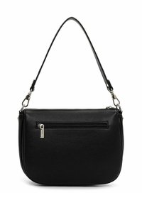 Czarna torebka na ramię wykonana z teksturowanej skóry, wyposażona w długi pasek, przednią kieszeń na zamek oraz niewielki metalowy akcent.
