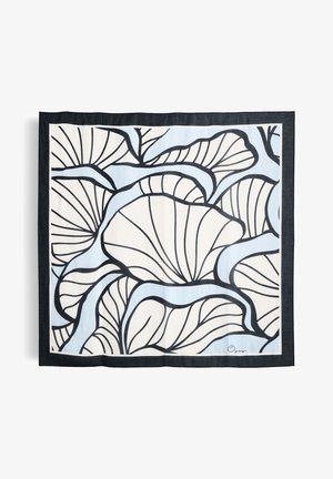 Vierkant stuk stof met zwartomlijnd, abstract patroon van grote bladeren in crèmekleur en lichtblauw, omlijst door een effen zwarte rand.