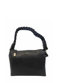 Borsa a mano in pelle nera con manico intrecciato, chiusura con zip e logo impresso. Texture liscia con dettagli di grana sottile. Forma rettangolare compatta.