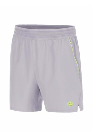 Short de sport gris clair avec ceinture élastique, liseré jaune fluo sur les panneaux latéraux en mesh, et petit logo jaune fluo sur l'ourlet de la jambe gauche.