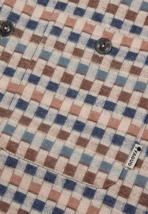 Patterned fabric featuring light beige, blue, and brown squares. Two black buttons are visible on the front. Includes a brand label on the side.