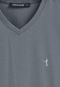 Grå bomulls t-shirt med v-ringning och korta ärmar, med en liten vit broderad logotyp nära fållen, slät textur och enkelt mönster.