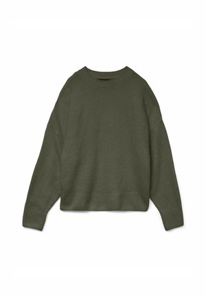 Pull en olive surdimensionné avec un col rond côtelé, des épaules tombantes et des poignets et un ourlet côtelés. Texture douce, design minimaliste.