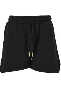 Schwarze Shorts aus weichem Stoff, mit einem elastischen Bund und Kordelzug, zwei seitlichen Taschen und Kordelzügen mit goldenen Spitzen.