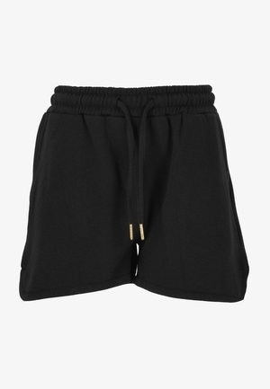 Shorts noirs en tissu doux, dotés d'une taille élastique avec cordon de serrage, de deux poches latérales et d'extrémités de cordon de serrage dorées.