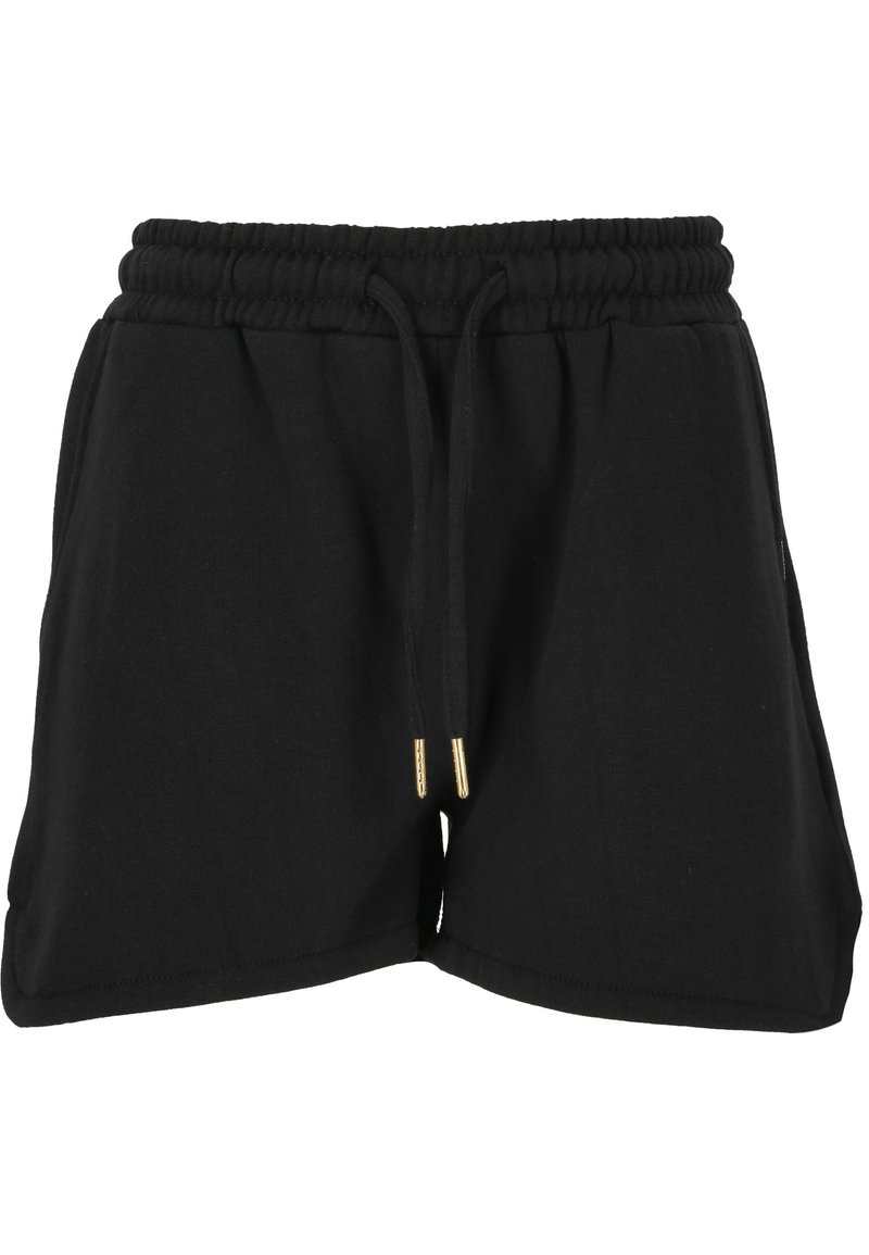 Schwarze Shorts aus weichem Stoff, mit einem elastischen Bund und Kordelzug, zwei seitlichen Taschen und Kordelzügen mit goldenen Spitzen.