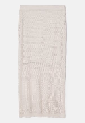 Jupe en maille beige clair en tissu respirant, dotée d'une taille côtelée et d'un motif texturé sur l'ensemble, avec une silhouette droite.