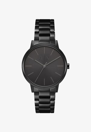 Sort ur med rund skive, minimalistisk design, sølvvisere og indekser, metalleds bracelet, mat finish og præget logo.