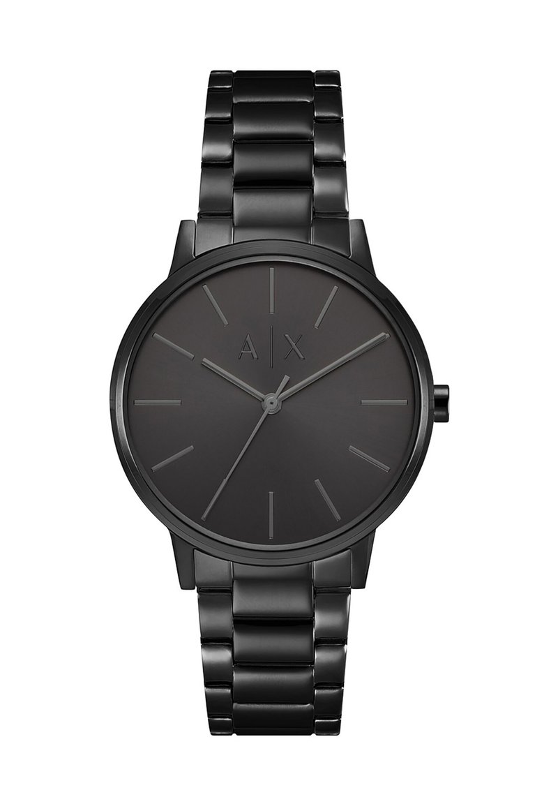 Fekete óra kerek számlappal, minimalista dizájnnal, ezüst mutatókkal és indexekkel, fém láncszíjjal, matt felülettel és dombornyomott logóval.