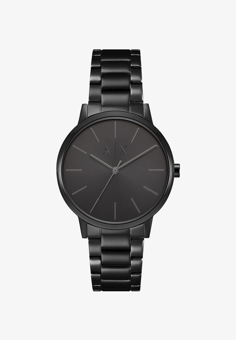 Fekete óra kerek számlappal, minimalista dizájnnal, ezüst mutatókkal és indexekkel, fém láncszíjjal, matt felülettel és dombornyomott logóval.