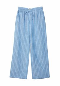 Jasnoniebieskie, szerokie spodnie wykonane z miękkiego materiału, z pionowymi białymi paskami i elastycznym paskiem z gumką w talii.