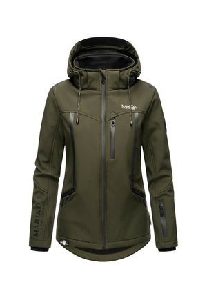 Olive green women's softshell jacket with hood, front and chest zip pockets, drawstrings, and black logo on chest and sleeve.