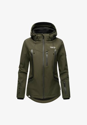 Olivengrøn kvinders softshell jakke med hætte, front- og brystlommer med lynlås, snoretræk og sort logo på brystet og ærmet.