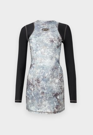 Long-sleeve swimsuit featuring a galaxy print in blue and grey, with black accent sleeves and a round neckline. Fitted design with flat seams.