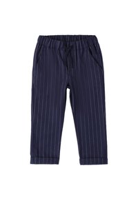 Navyblauwe katoenen broek met witte verticale strepen, elastische tailleband en twee zijzakken. Met een omslag aan de enkel.