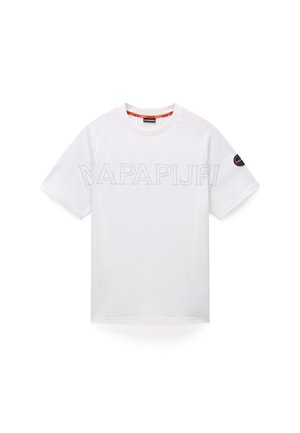 White cotton T-shirt with short raglan sleeves, featuring embossed "NAPAPIJRI" text on the front and a round neckline. Accented with a logo patch on the sleeve.