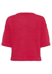 Kurzarmpullover aus Strick in leuchtendem Pink, mit lockerer Passform, strukturiertem Stoff und umgeschlagenen Ärmelabschlüssen, mit cropped Länge auf Taillenhöhe.
