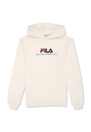 Hoodie FILA de couleur crème avec une poche kangourou, arborant un logo brodé en rouge et bleu nuit. Tissu doux, manches longues et capuche avec cordon de serrage.
