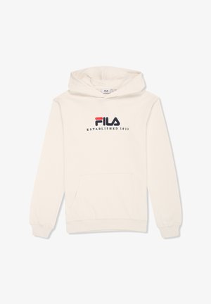 Felpa FILA color crema con tasca a marsupio, con logo ricamato in rosso e blu navy. Tessuto morbido, maniche lunghe e cappuccio con coulisse.