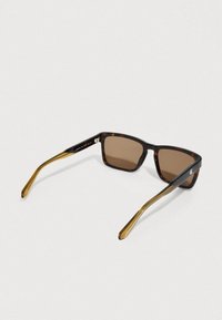 Okulary przeciwsłoneczne w kolorze płaszcza żółwia z brązowymi soczewkami, kwadratowym kształtem i eleganckim designem. Charakteryzują się ciemnobrązowymi zausznikami ze złotym gradientem na końcach.