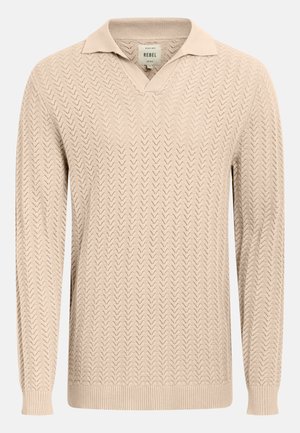 Pull beige en maille avec col en V et col. Présente un motif chevron, des poignets et un ourlet côtelés, fabriqué en tissu texturé.