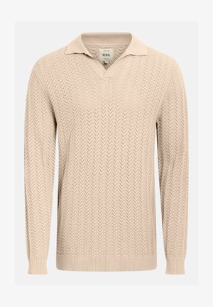 Beiger Strickpullover mit V-Ausschnitt und Kragen. Verfügt über ein Chevron-Muster, gerippte Bündchen und Saum, hergestellt aus strukturiertem Stoff.