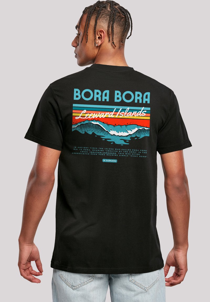 Black cotton T-shirt featuring a colorful graphic print on the back, with "BORA BORA" text and wave motifs in turquoise, orange, and white.