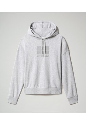 Felpa con cappuccio grigio chiaro con coulisse frontali e un sottile logo geometrico a forma di quadrato sul petto.