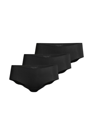 Tre mutandine nere senza cuciture in stile hipster da donna, disposte sovrapposte su uno sfondo bianco.